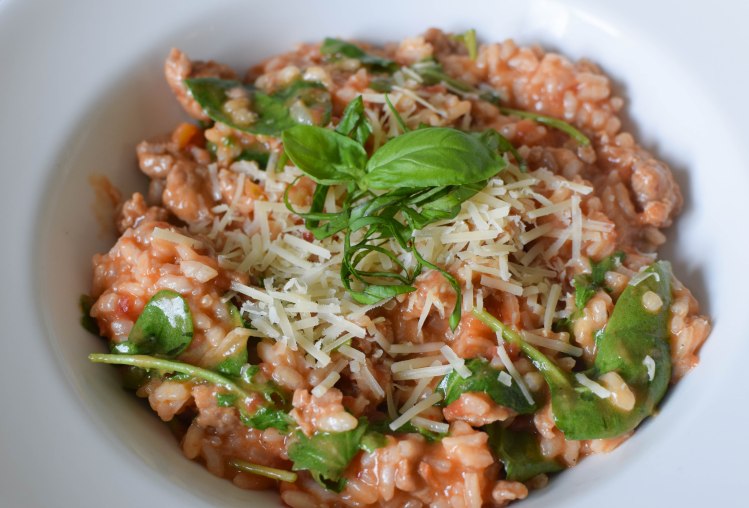 Italian Sausage Risotto with Tomatoes and Spinach | abagofflour.com